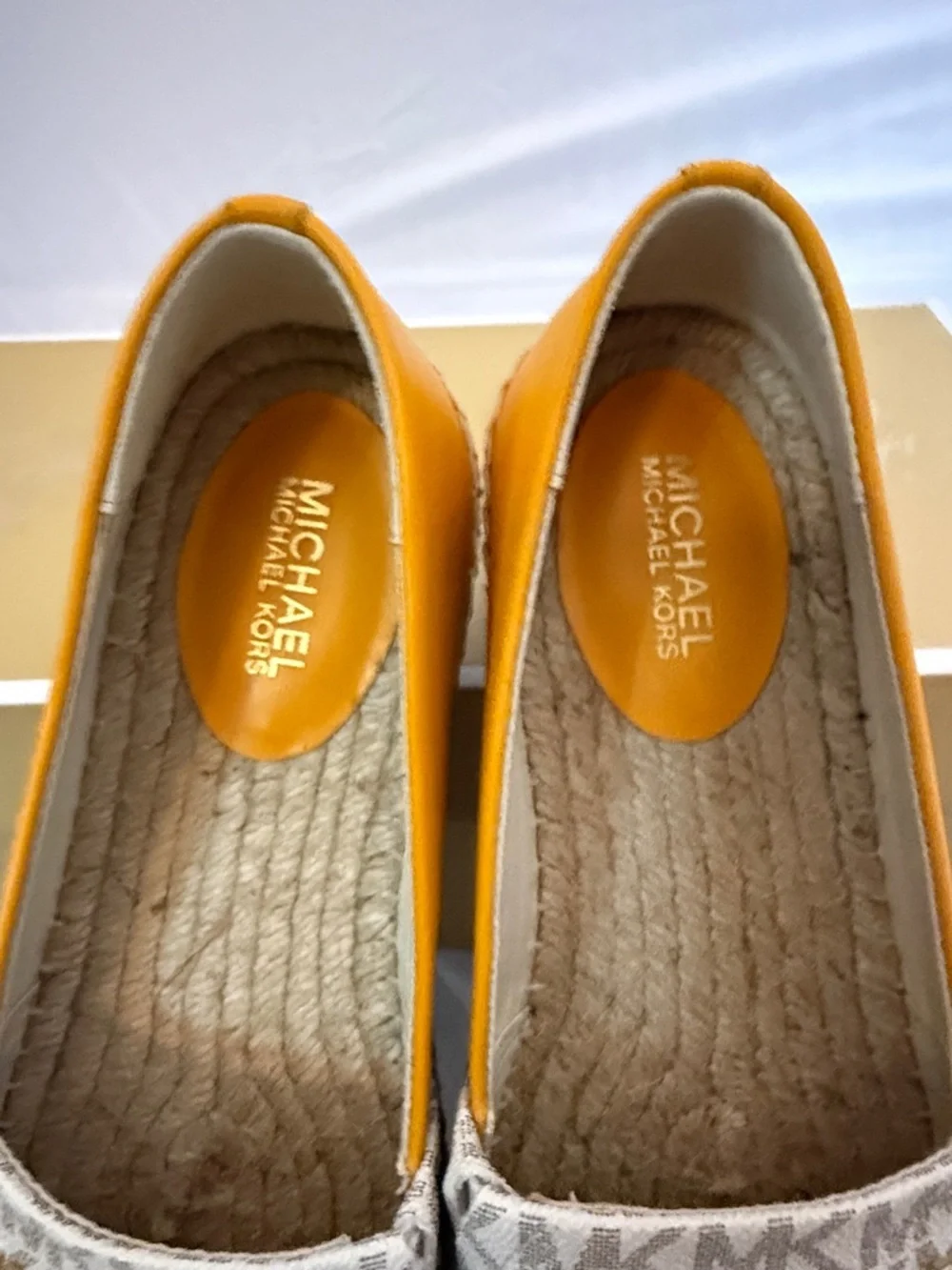 Michael Kors MK Logo Espadrille Flats in White and Tan with Yellow Trim